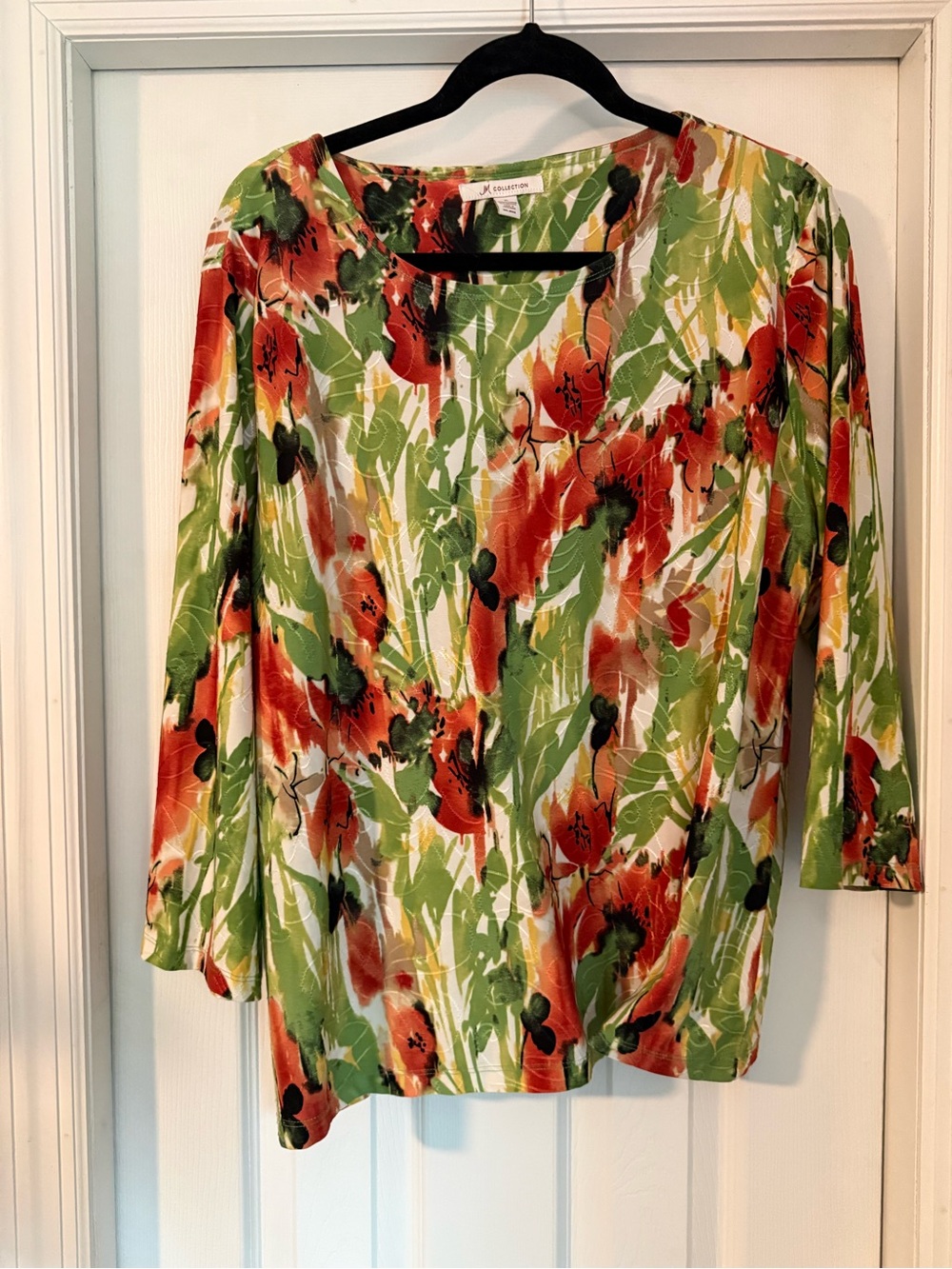 JM Collection Red & Green Floral Scoop Neck Long Sleeve Top